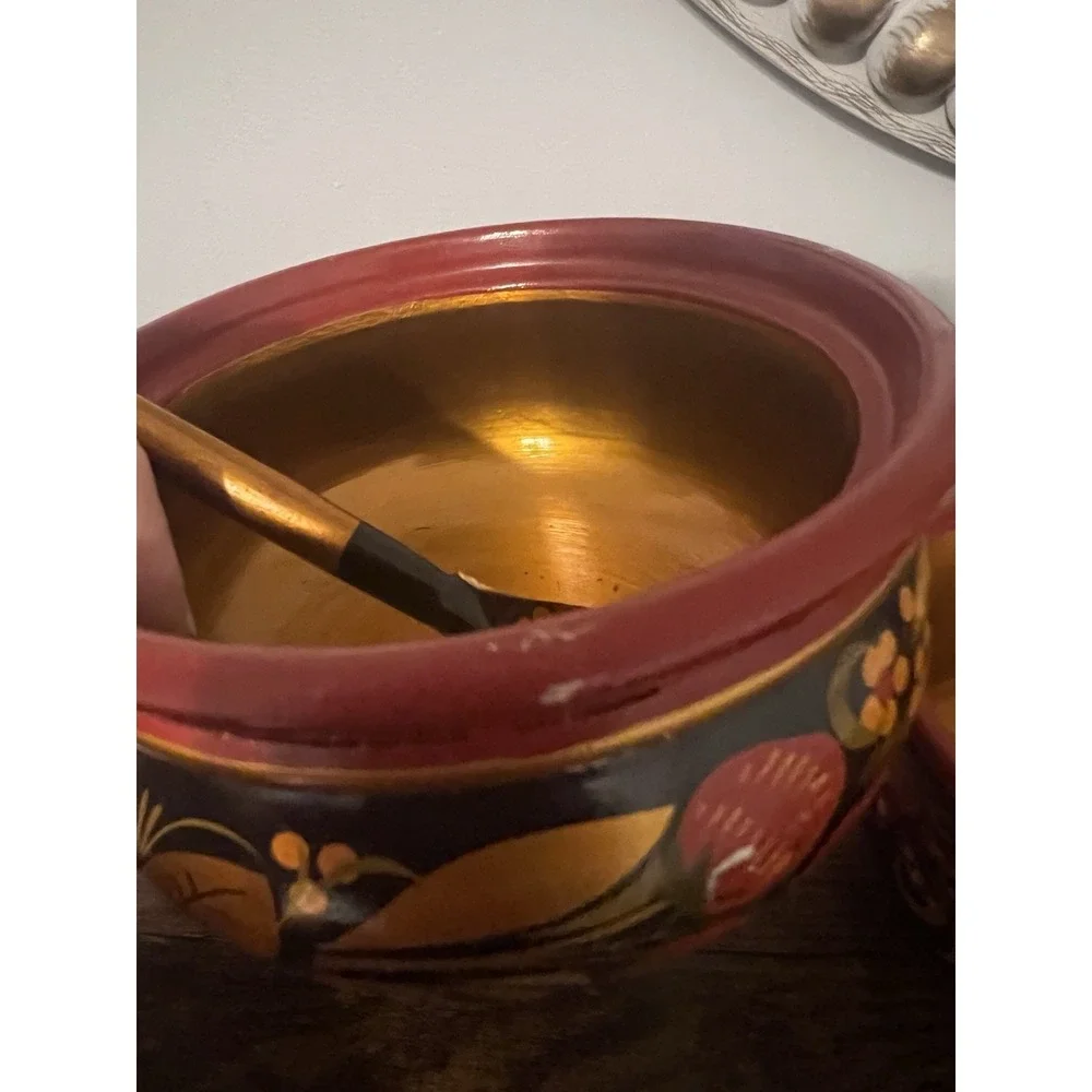 Vintage Russian Khokhloma Wooden Sugar Bowl w Lid Spoon & 2 Bowls Hand Painted